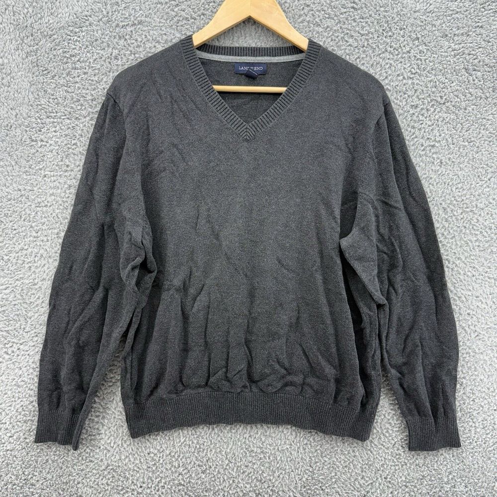 Lands End Sweater Mens L Gray‎ 100% Cotton Pullover V-Neck Casual Long Sleeve
